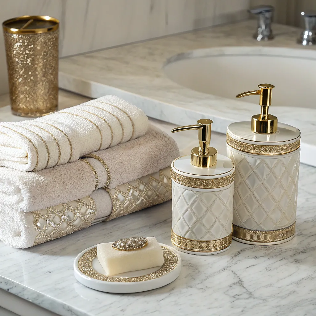 An assortment of luxury bathroom accessories including towels and soap dispensers.