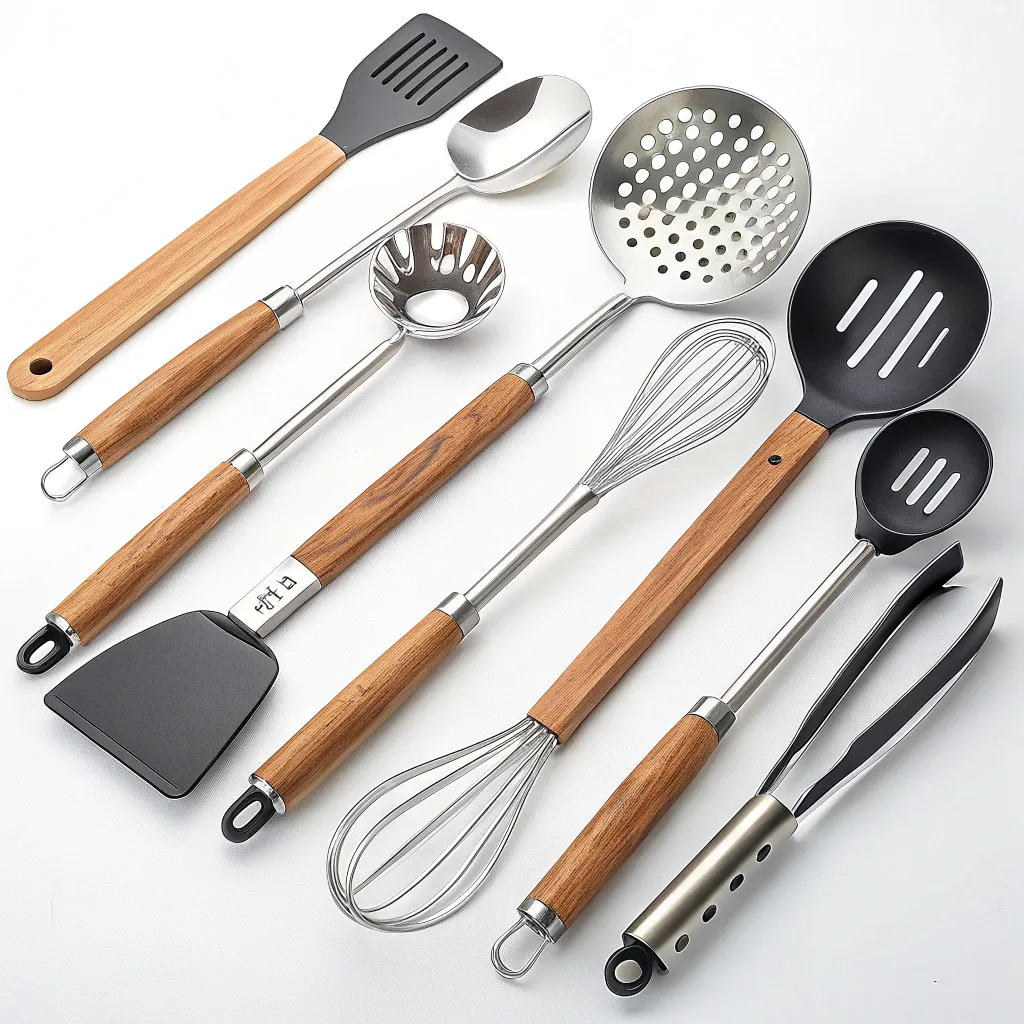 A variety of kitchen tools including spatulas, ladles, and tongs.